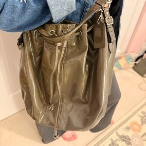Coach Patent Leather Khaki Olive Green Drawstring Bag Purse